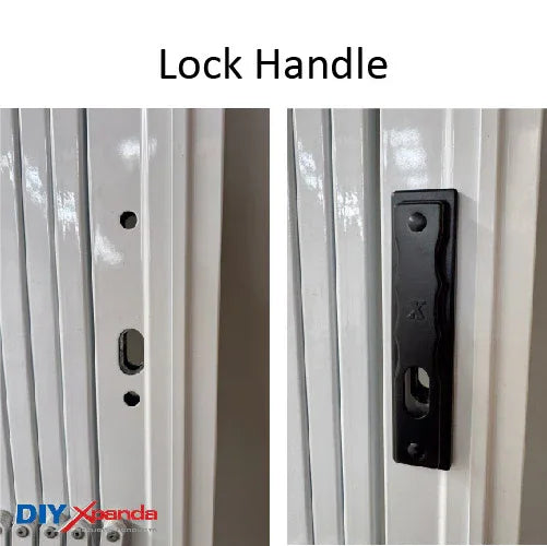 White aluminium retractable security gate installed across a wide residential doorway
