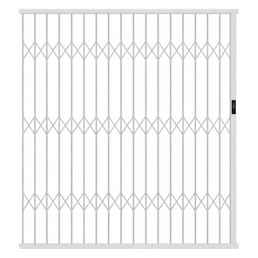 White aluminium retractable security gate installed across a wide residential doorway