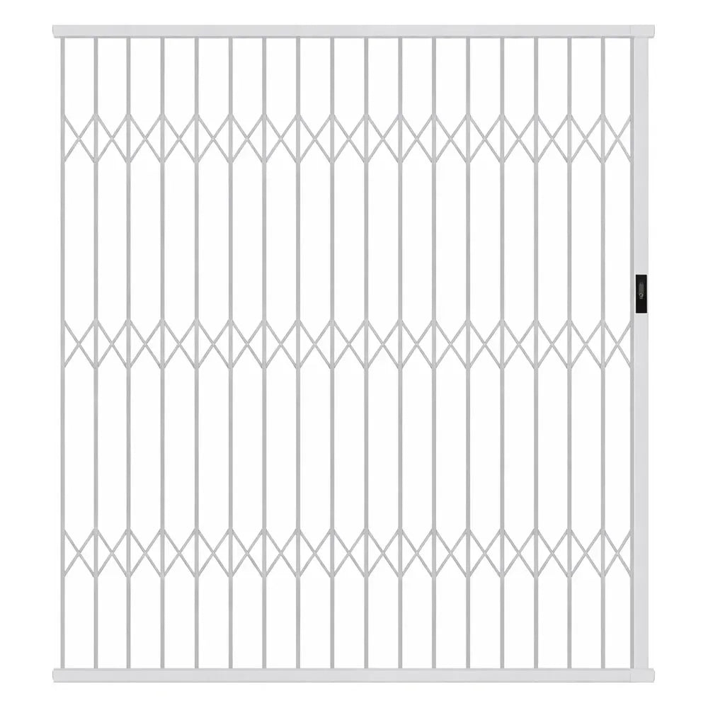 White aluminium retractable security gate installed across a wide residential doorway