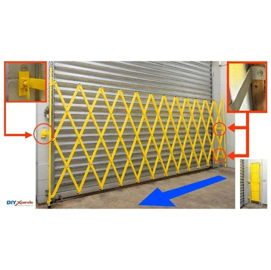 Yellow expandable barrier with adjustable scissor gate design for pedestrian access control