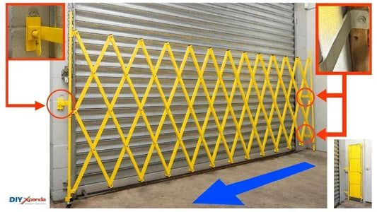 Yellow expandable barrier with adjustable scissor gate design for pedestrian access control