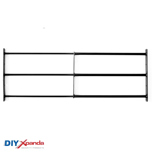 Black extendable steel window bars installed on a residential window for security protection