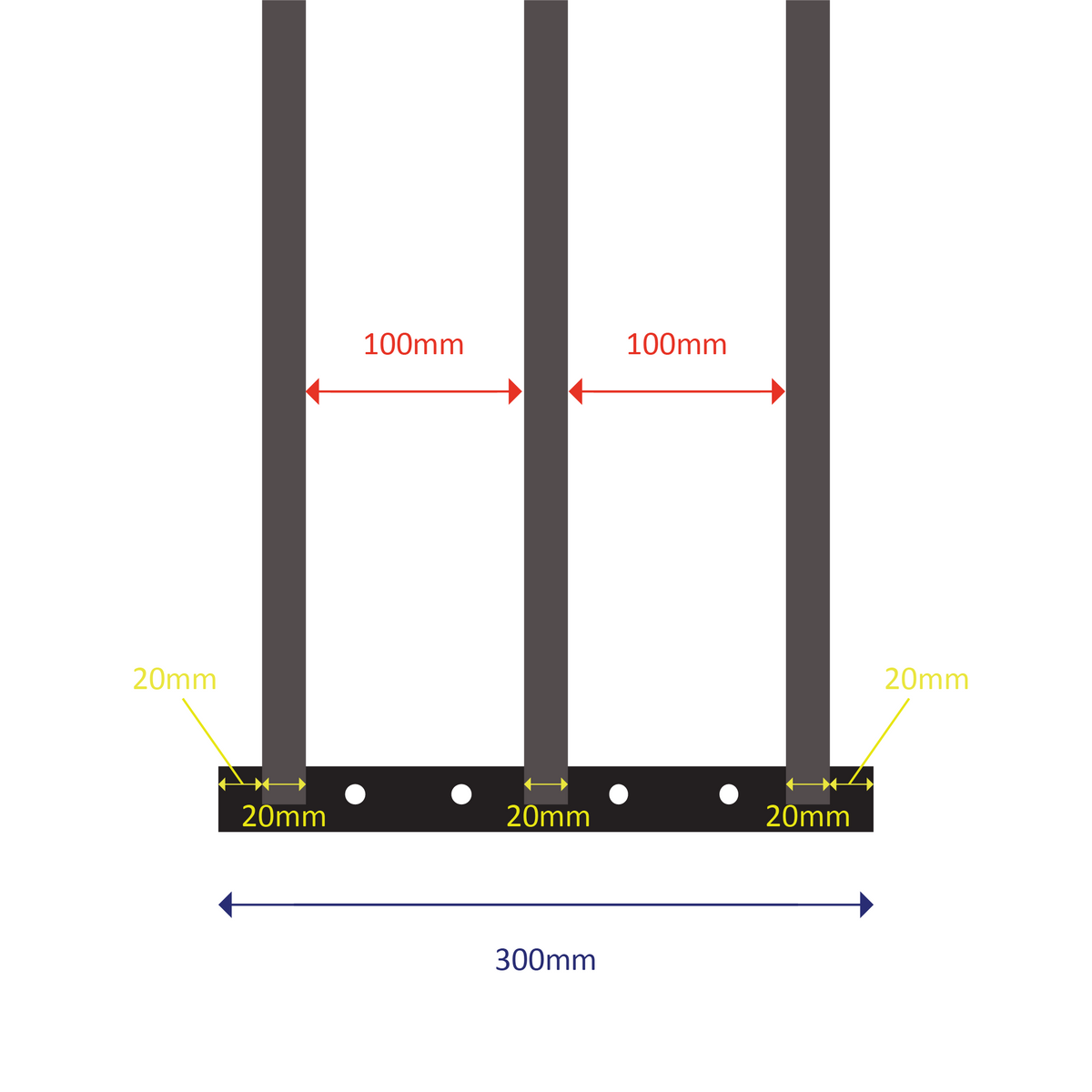 Welded steel construction with 3 square barsFixed length: 300mmExpands from 630mm to 1100mm (two sliding welded sections)Bar spacing: 100mmOuter bar diameter: 20mm | Inner bar diameter: 15.88mm