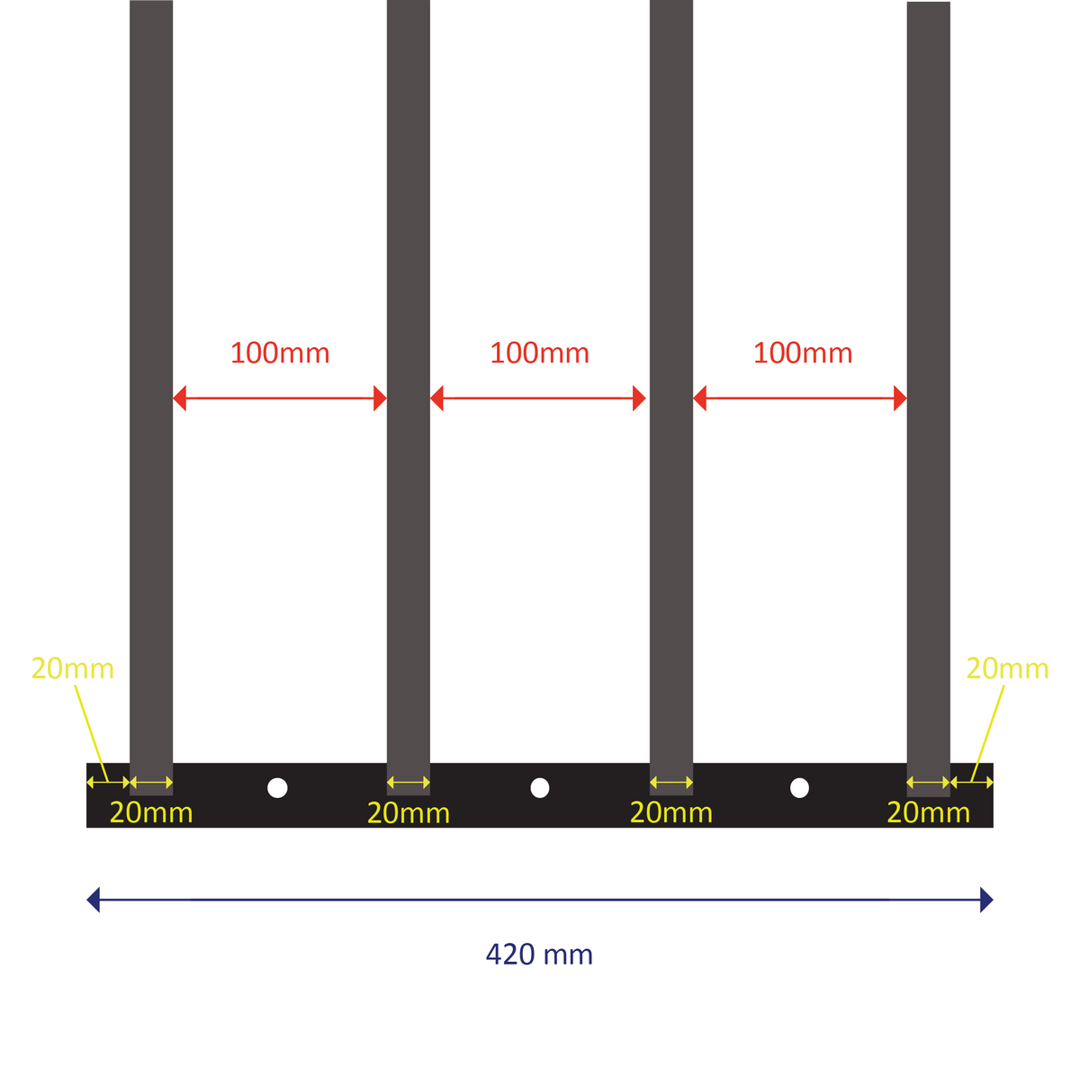 Welded steel construction with 4 square barsFixed length: 420mmExpands from 630mm to 1100mm (two sliding welded sections)Bar spacing: 100mmOuter bar diameter: 20mm | Inner bar diameter: 15.88mm