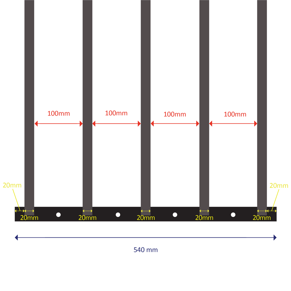 Welded steel construction with 5 square bars
Fixed length: 540mm
Expands from 630mm to 1100mm (two sliding welded sections)
Bar spacing: 100mm
Outer bar diameter: 20mm | Inner bar diameter: 15.88mm