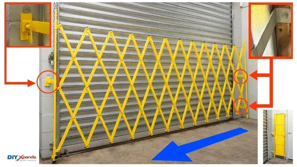 Yellow expandable barrier with adjustable scissor gate design for pedestrian access control