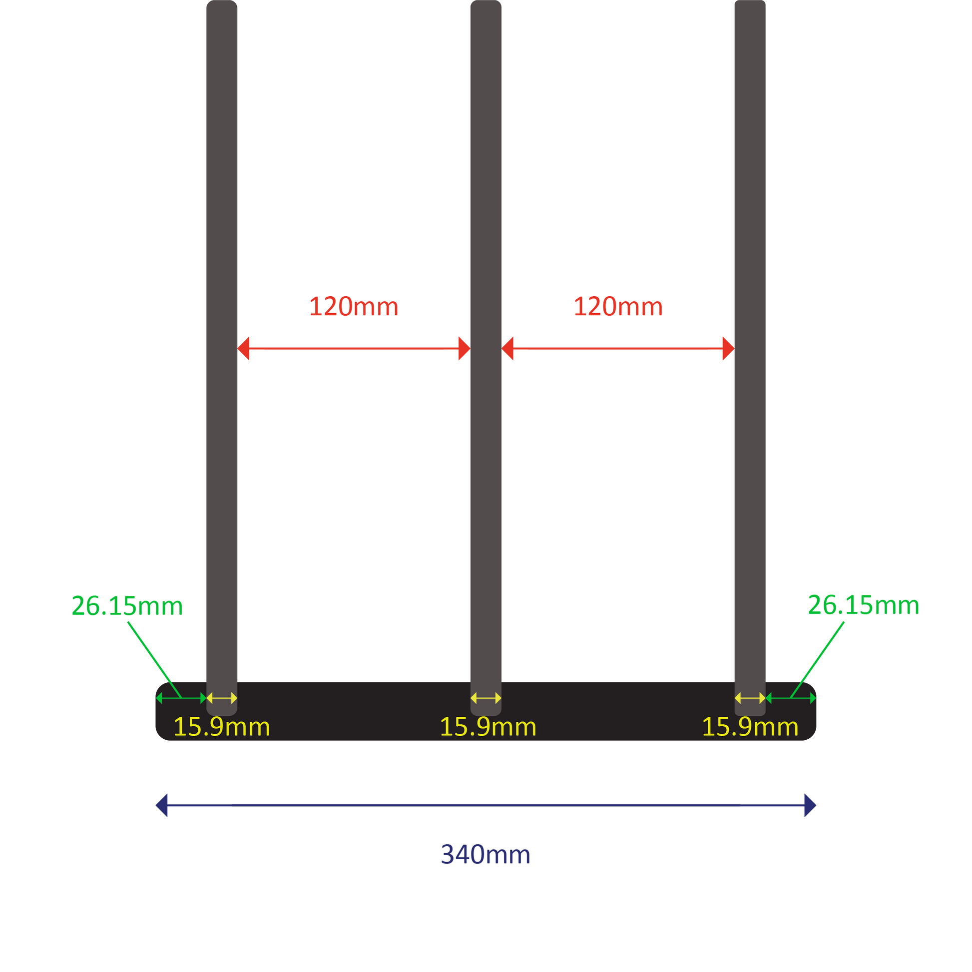 Welded steel construction with 3 round bars
Fixed length: 340mm
Expands from 900mm to 1650mm (two sliding welded sections)
Bar spacing: 120mm
Outer bar diameter: 15.9mm | Inner bar diameter: 12mm