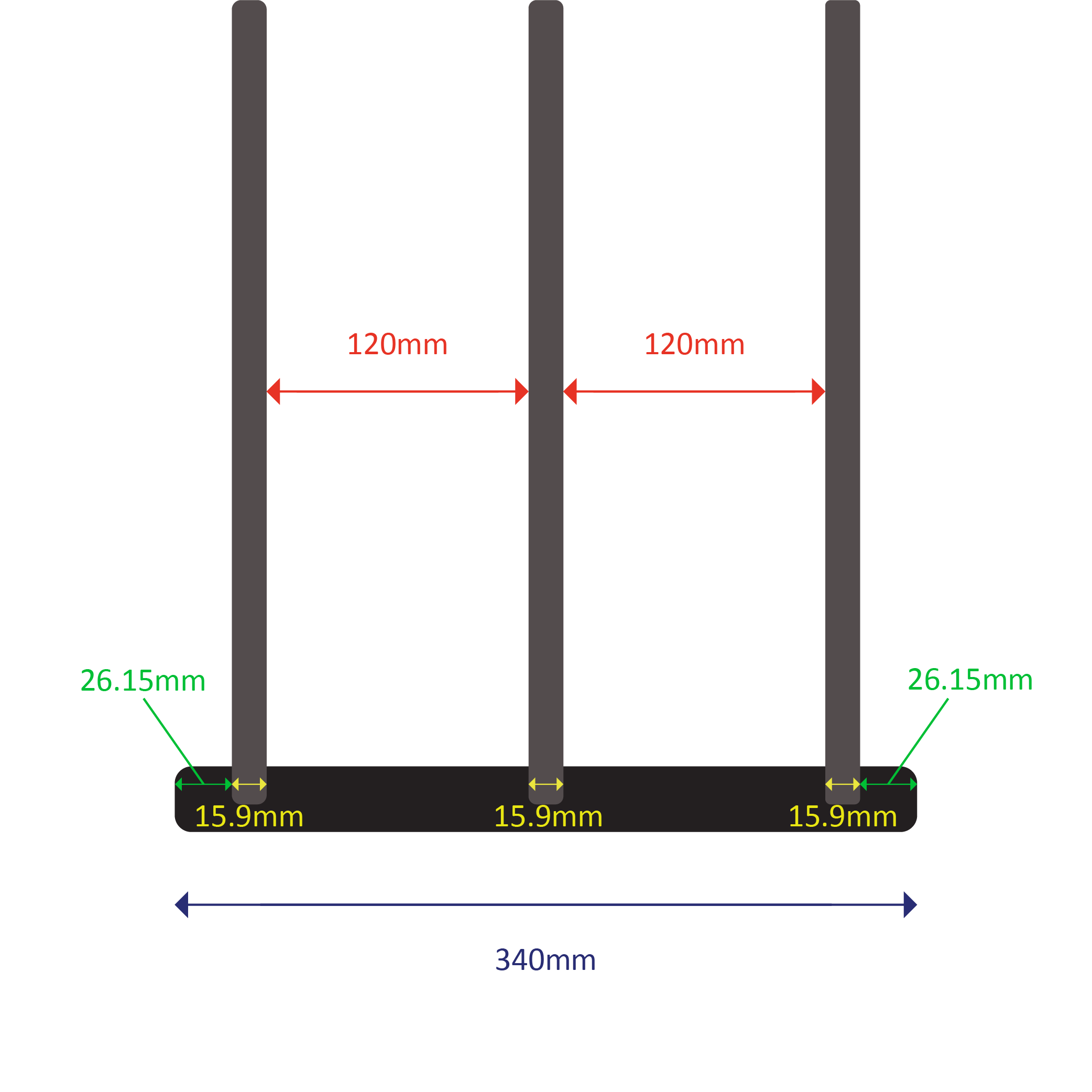 Welded steel construction with 3 round bars
Fixed length: 340mm
Expands from 900mm to 1650mm (two sliding welded sections)
Bar spacing: 120mm
Outer bar diameter: 15.9mm | Inner bar diameter: 12mm