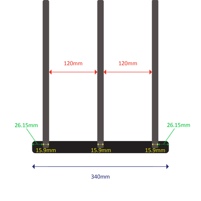 Welded steel construction with 3 round bars
Fixed length: 340mm
Expands from 900mm to 1650mm (two sliding welded sections)
Bar spacing: 120mm
Outer bar diameter: 15.9mm | Inner bar diameter: 12mm
