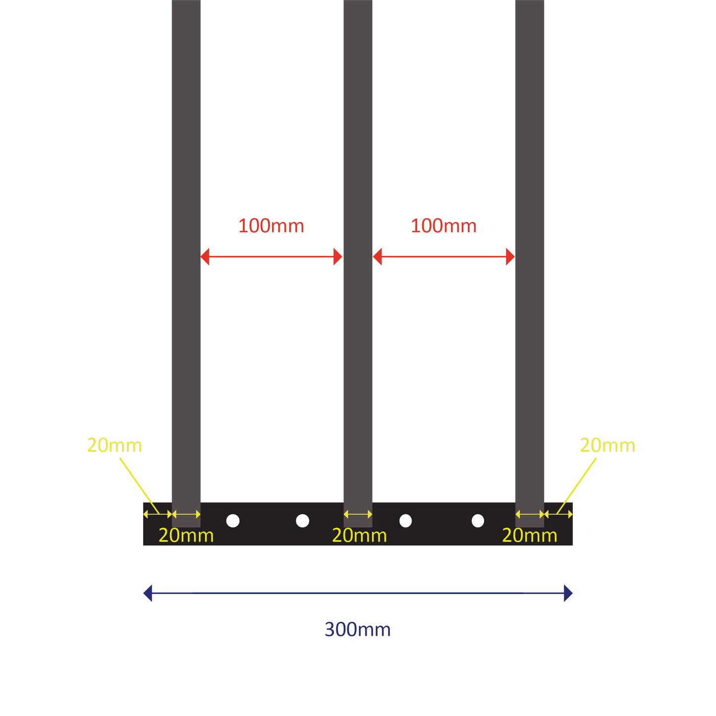 Welded steel construction with 3 square barsFixed length: 300mmExpands from 630mm to 1100mm (two sliding welded sections)Bar spacing: 100mmOuter bar diameter: 20mm | Inner bar diameter: 15.88mm