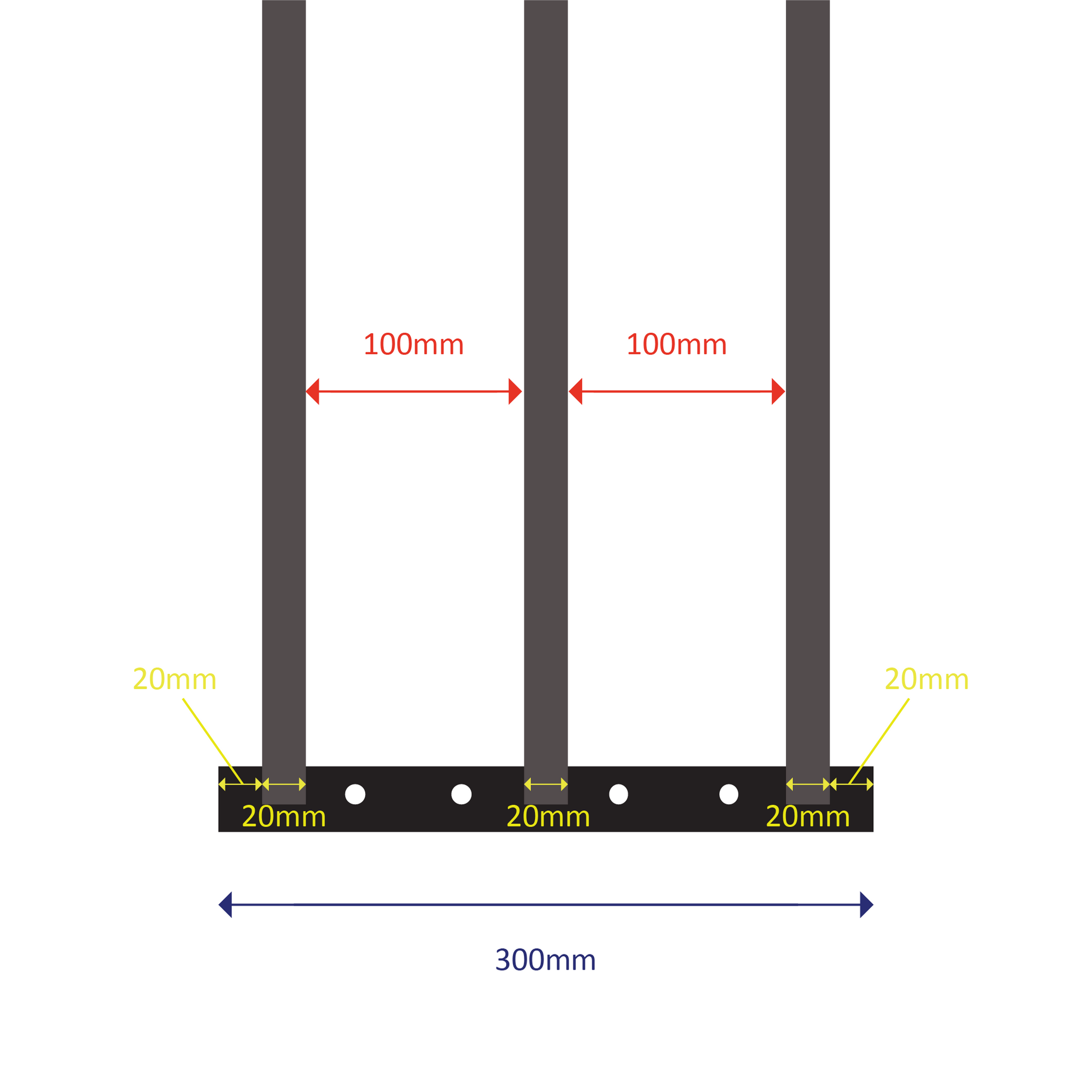 Welded steel construction with 3 square barsFixed length: 300mmExpands from 630mm to 1100mm (two sliding welded sections)Bar spacing: 100mmOuter bar diameter: 20mm | Inner bar diameter: 15.88mm