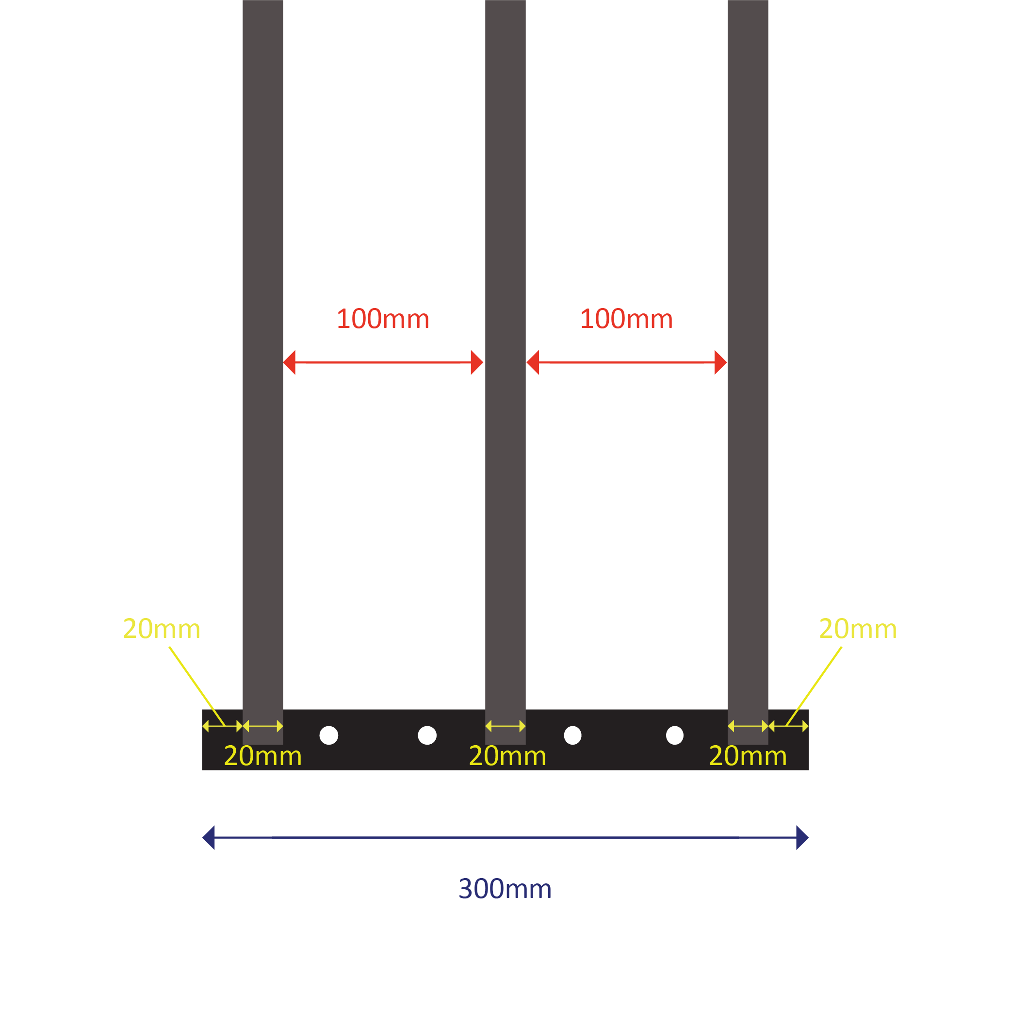 Welded steel construction with 3 square barsFixed length: 300mmExpands from 630mm to 1100mm (two sliding welded sections)Bar spacing: 100mmOuter bar diameter: 20mm | Inner bar diameter: 15.88mm