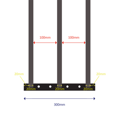 Welded steel construction with 3 square barsFixed length: 300mmExpands from 630mm to 1100mm (two sliding welded sections)Bar spacing: 100mmOuter bar diameter: 20mm | Inner bar diameter: 15.88mm