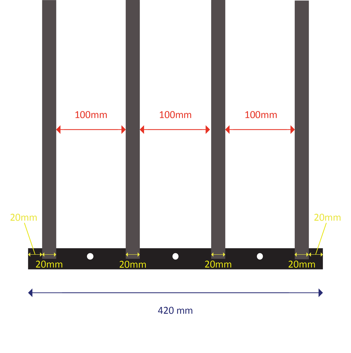 Welded steel construction with 4 square barsFixed length: 420mmExpands from 630mm to 1100mm (two sliding welded sections)Bar spacing: 100mmOuter bar diameter: 20mm | Inner bar diameter: 15.88mm