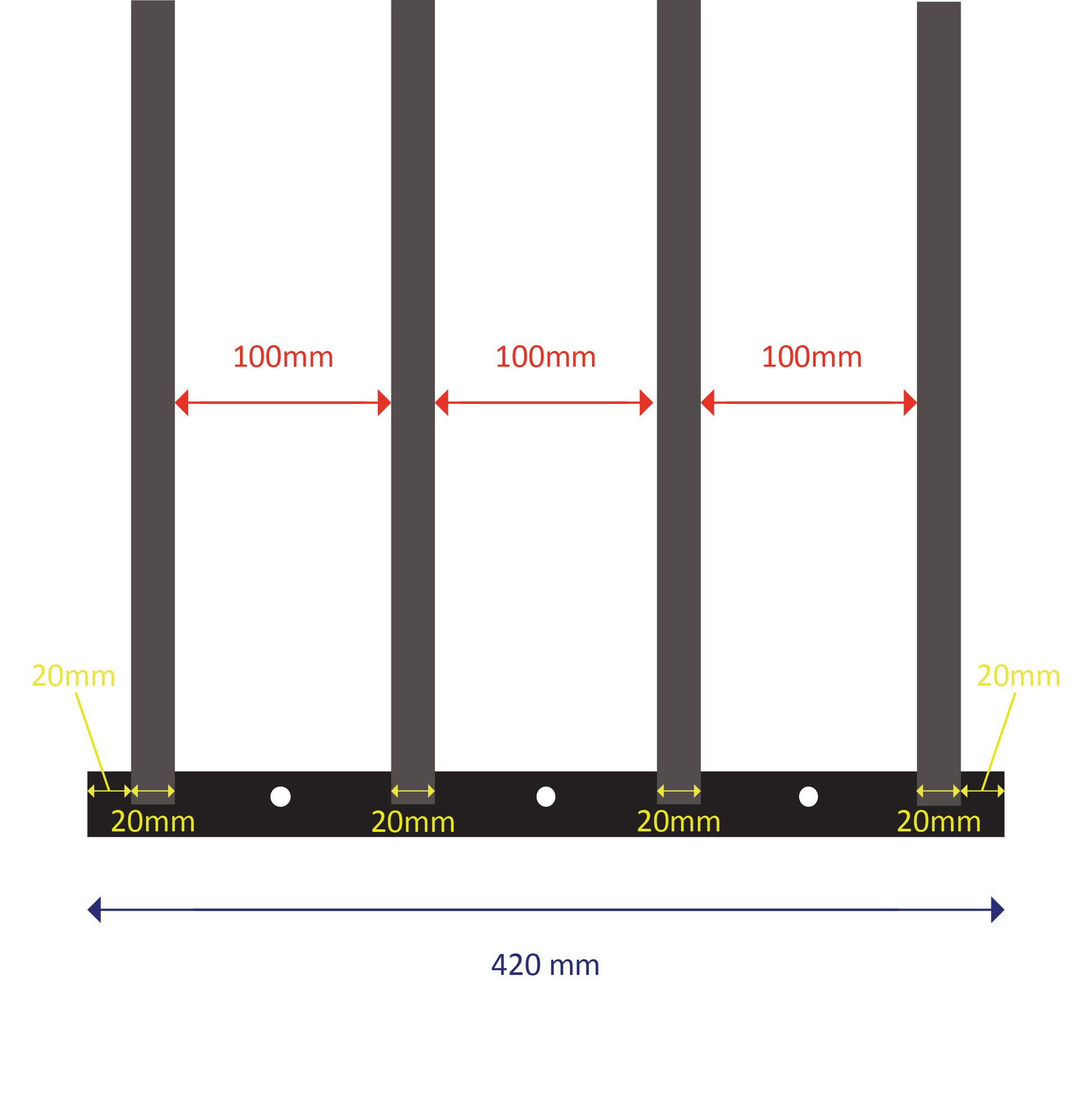 Welded steel construction with 4 square barsFixed length: 420mmExpands from 630mm to 1100mm (two sliding welded sections)Bar spacing: 100mmOuter bar diameter: 20mm | Inner bar diameter: 15.88mm