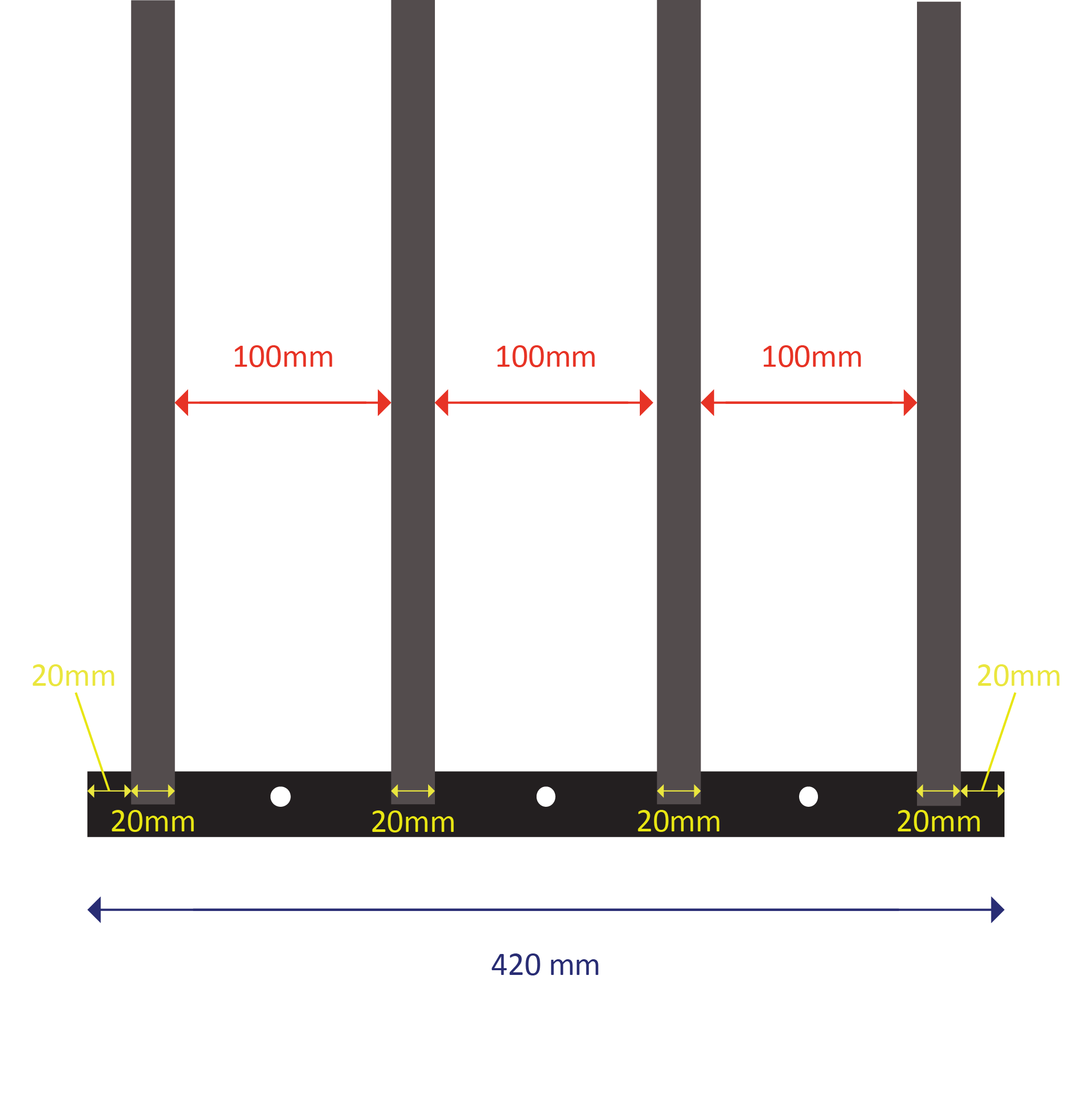 Welded steel construction with 4 square barsFixed length: 420mmExpands from 630mm to 1100mm (two sliding welded sections)Bar spacing: 100mmOuter bar diameter: 20mm | Inner bar diameter: 15.88mm