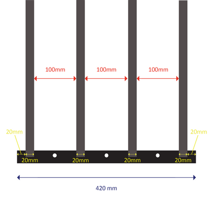 Welded steel construction with 4 square barsFixed length: 420mmExpands from 630mm to 1100mm (two sliding welded sections)Bar spacing: 100mmOuter bar diameter: 20mm | Inner bar diameter: 15.88mm
