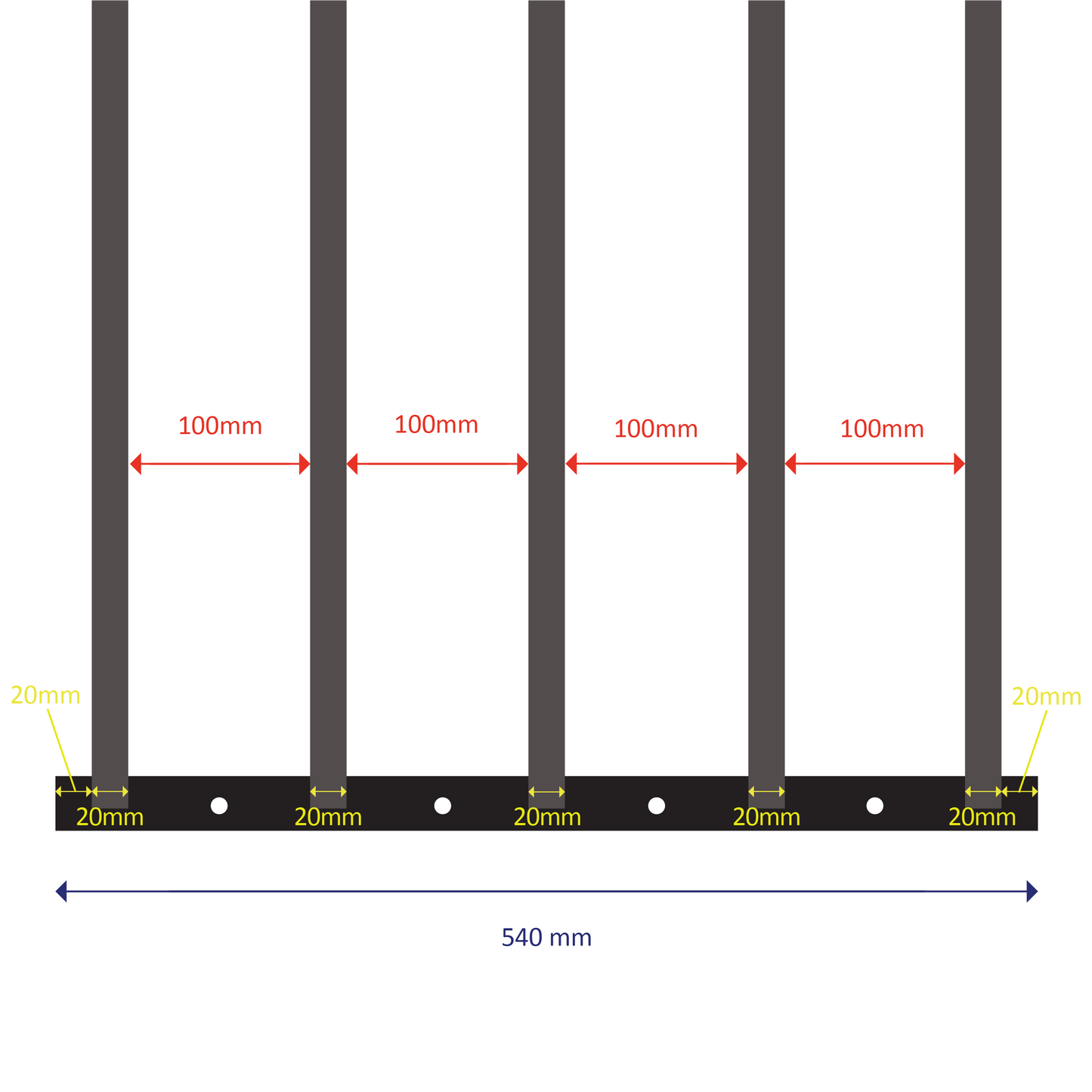 Welded steel construction with 5 square bars
Fixed length: 540mm
Expands from 630mm to 1100mm (two sliding welded sections)
Bar spacing: 100mm
Outer bar diameter: 20mm | Inner bar diameter: 15.88mm