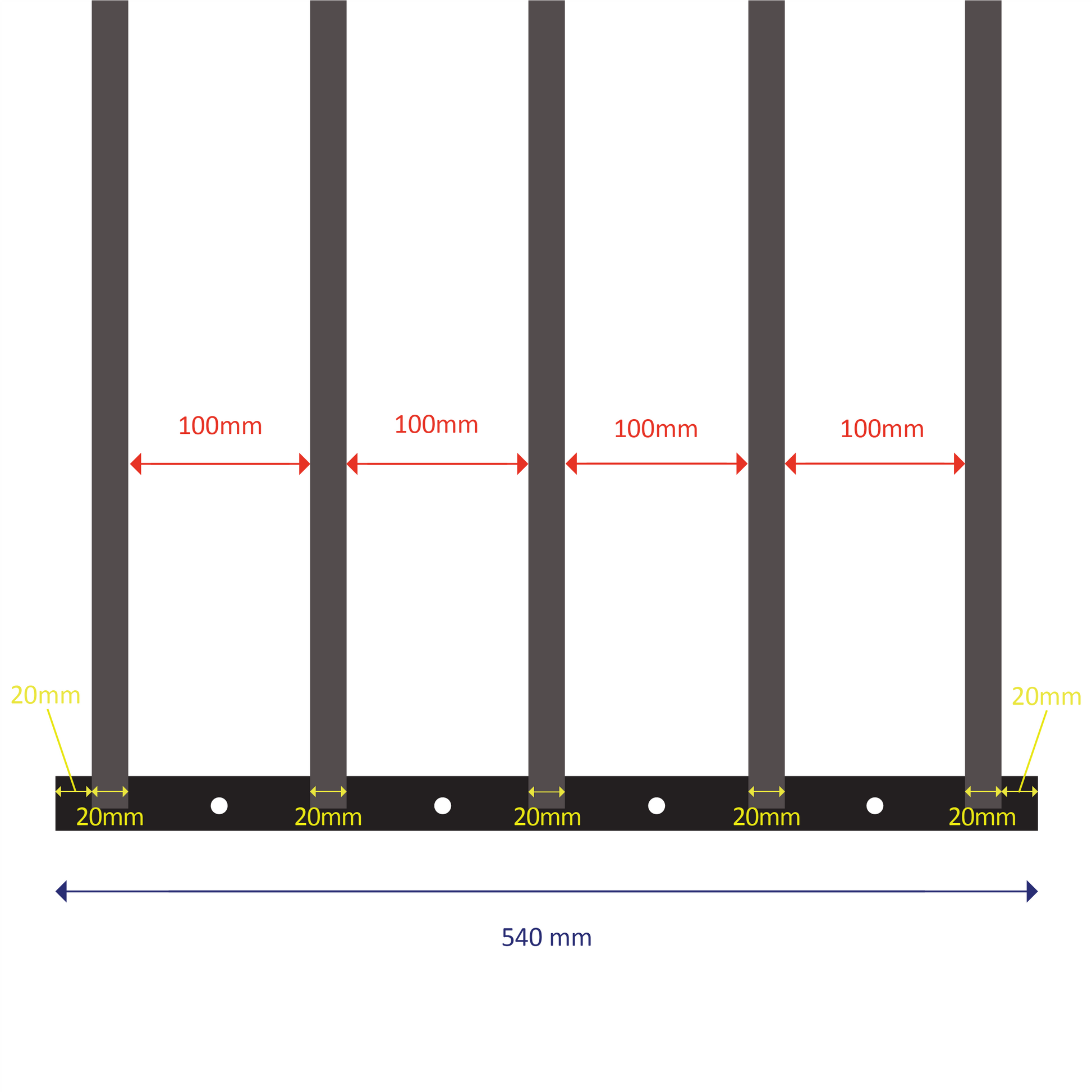 Welded steel construction with 5 square bars
Fixed length: 540mm
Expands from 630mm to 1100mm (two sliding welded sections)
Bar spacing: 100mm
Outer bar diameter: 20mm | Inner bar diameter: 15.88mm