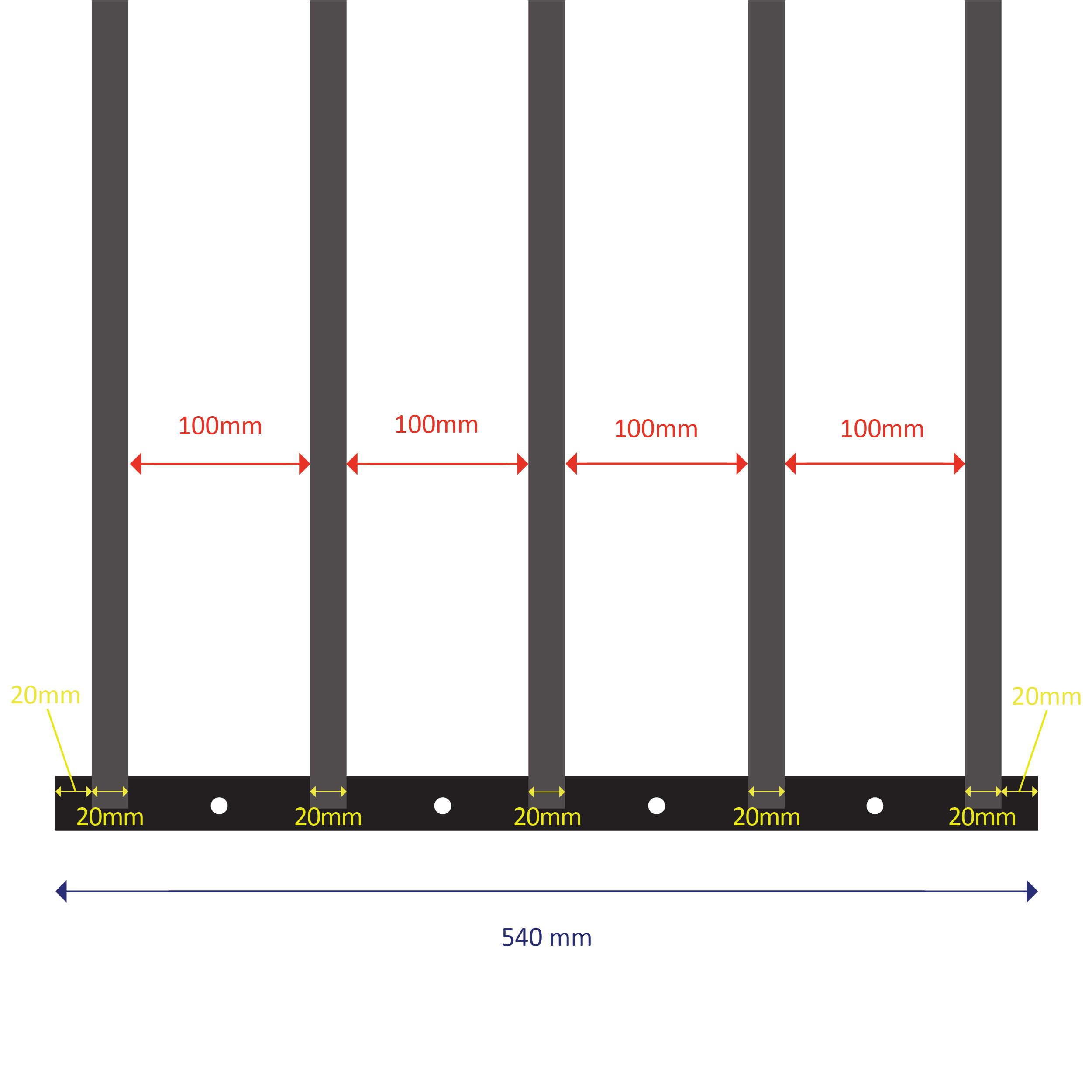 Welded steel construction with 5 square bars
Fixed length: 540mm
Expands from 630mm to 1100mm (two sliding welded sections)
Bar spacing: 100mm
Outer bar diameter: 20mm | Inner bar diameter: 15.88mm