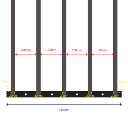Welded steel construction with 5 square bars
Fixed length: 540mm
Expands from 630mm to 1100mm (two sliding welded sections)
Bar spacing: 100mm
Outer bar diameter: 20mm | Inner bar diameter: 15.88mm