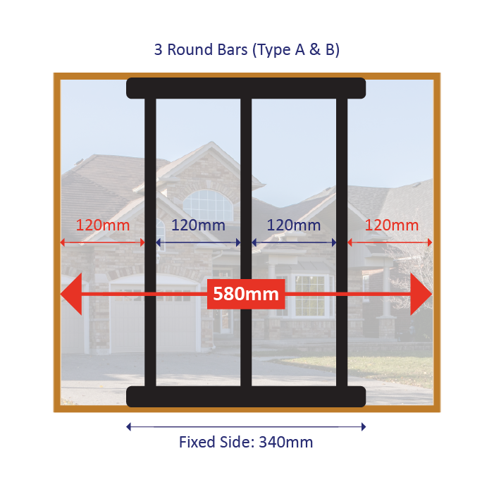 Round bars are spaced 120mm apart, while square bars are spaced 100mm apart. This spacing maintains airflow and visibility while allowing the fixed side to cover beyond its physical width.

For example, Type A has a 340mm fixed width but can effectively cover a wider area when installed with the recommended spacing.