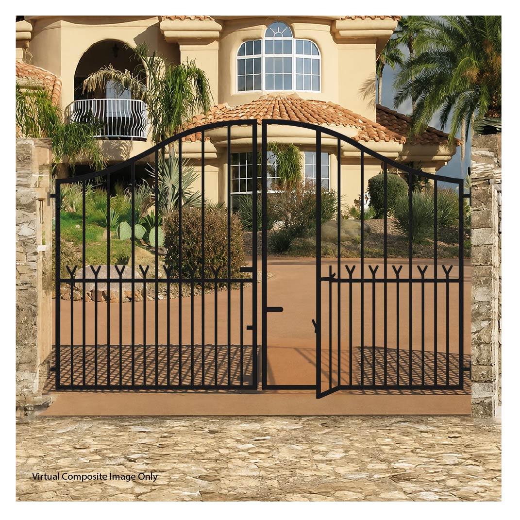 Induna steel driveway gate with built-in pedestrian access door