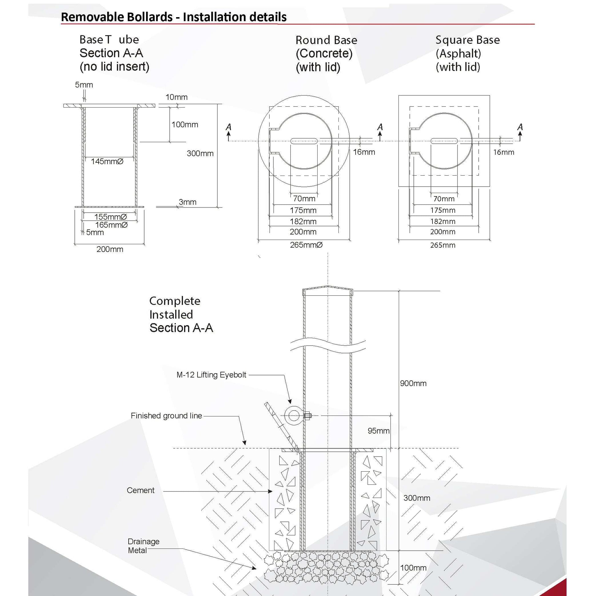 Removable Bollards Pipe and Base House Set - Bollard, Bollard Base, Commercial, Residential - Bollard Pipe & Square Base Set DIY XPANDA