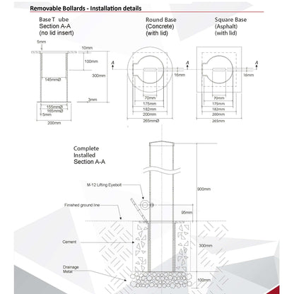 Removable Bollards Pipe and Base House Set - Bollard, Bollard Base, Commercial, Residential - Bollard Pipe & Square Base Set DIY XPANDA